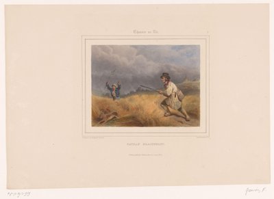 To krypskyttere jager en hare Paysan braconnant (tittel på objekt) Jegere med våpen (serietittel) Chasses au Tir (serietittel på objekt) av François Grenier