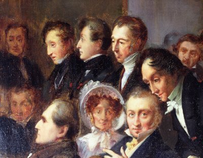 Foredrag i foajeen til Comedie Francaise, 26. mai 1828, ca. 1830 (detaljer) av François Joseph Heim
