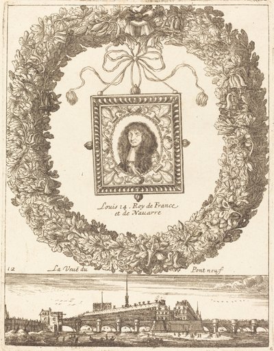 Utsikten over Pont Neuf; Ludvig XIV konge av Frankrike og Navarra av François Le Febvre