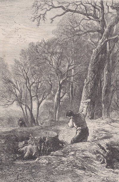 Vinterscene: stubbetrekkeren, fra Magasin Pittoresque, ca. 1852. av François Rouget