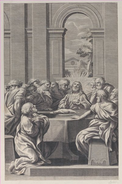 Nattverden, interiøret i en klassisk bygning med Kristus og apostlenes sete..., 1660-81. av François Spierre