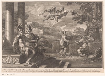 Sittende personifikasjoner av Genie og Filosofi med nymfer som planter roser av François Spierre