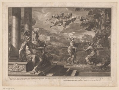 Sittende personifikasjoner av Genie og Filosofi med nymfer som planter roser av François Spierre