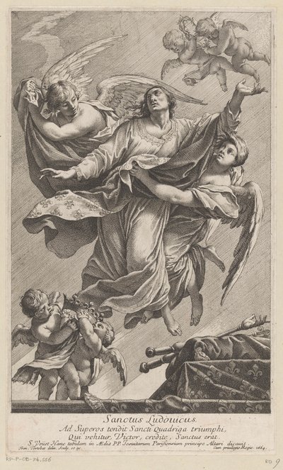 Saint Louis IX båret til himmelen av to engler Sanctus Ludovicus (tittel på objekt) av François Tortebat