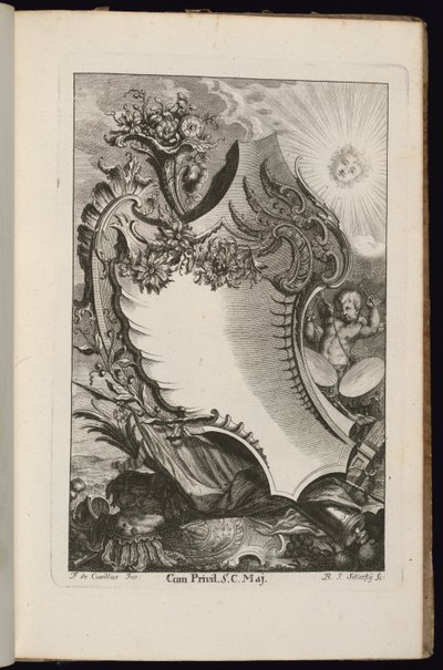 Patron med overflødighetshorn og sol, Book of irregular Cartridges av François de Cuvilliés the Elder