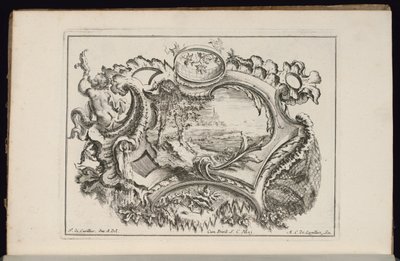 Patron med Putto blåsende konkylie, Book of irregular Cartridges av François de Cuvilliés the Elder
