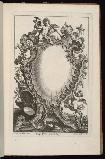 Patron med Putto Holdende trompeter, Book of irregular Cartridges av François de Cuvilliés the Elder