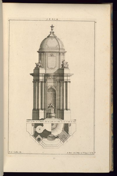 Høyde og plan for en offentlig fontene av François de Cuvilliés the Elder