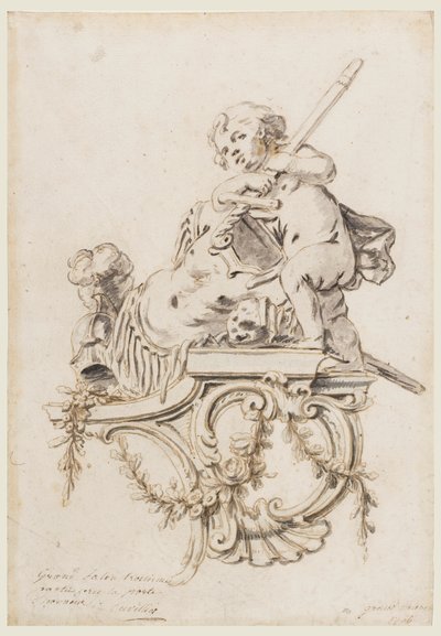 Design for a Sculptured Bracket with Putto accompanied by the Attributes of War, for the Grand Trianon, Versailles   1286468   no       norwegian Successfully Translated  Original: Entrance Hall Translat: Entrance Hall 1223366 no norwegian Successfully Tra av François de Cuvilliés the younger