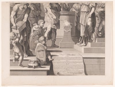 Mars setter sverdet sitt i flammene foran et tempel (nedre del) av François de Poilly (I)