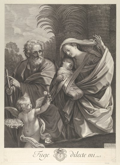 Flukten til Egypt, den hellige familie som går sammen, Saint Joseph peker på t..., ca. 1648-81. av François de Poilly