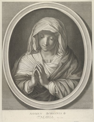 Jomfruen i bønn ser ned, i en oval ramme, etter Reni, 1640-93. av François de Poilly