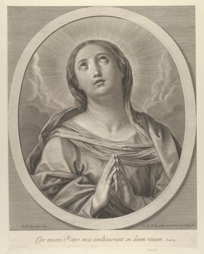 Jomfruen i bønn, ser opp med skyer bak seg, i en oval ramme, etter Reni, ..., 1648-81. av François de Poilly