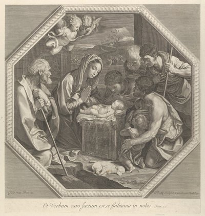 Tilbedelsen av hyrdene som kneler sammen rett foran spedbarnet Kristus..., ca. 1655-93. av François de Poilly