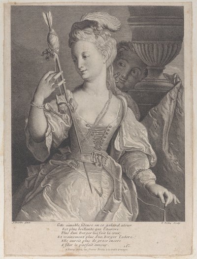 Ung kvinne spinner tråd for en pil, 1686-1741. av François de Poilly