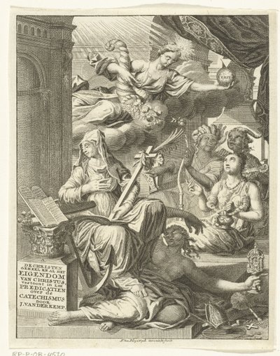 Allegori med kvinnelige personifikasjoner av blant annet sannheten og dyder og laster Tittelside for: Johannes van der Kemp, Kristen heleid av Kristus i liv og død, viser i femtitre prekener om det hellige av François van Bleyswijck