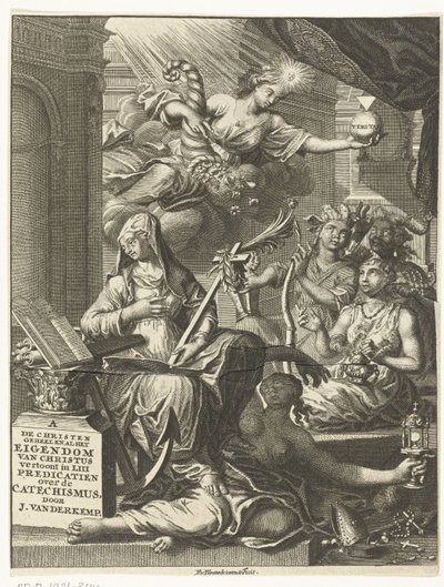 Allegori med kvinnelige personifikasjoner av blant annet sannheten og muligens dyder og laster Tittelside for: Johannes van der Kemp, Den kristne tilhører helt og holdent Kristus i liv og død, viser i femtitre prekener o av François van Bleyswijck