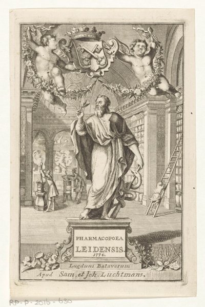 Asclepius Titelpagina voor: S.n., Pharmacopoeia Leiden, opprettet av de største sorenskrivernes myndighet, 1770 av François van Bleyswijck