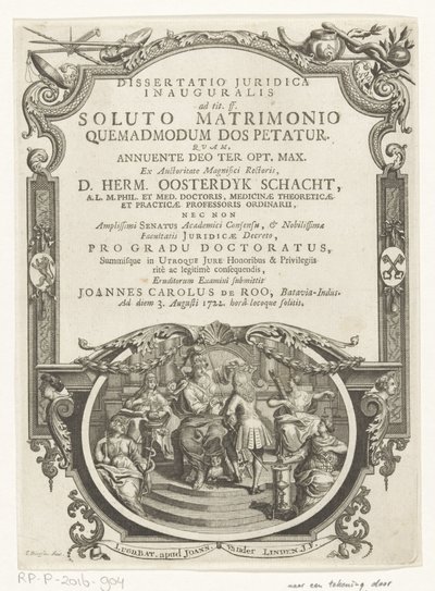 Minerva lauwert schrijver Tittelside for: Johannes Carolus de Roo, Dissertatio juridica inauguralis, ad tit. ff. etter et oppløst ekteskap, hvordan medgift bes om, 1722 av François van Bleyswijck