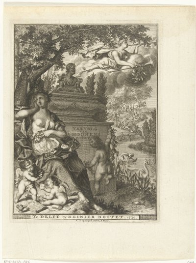 Muse og putti sitter ved graven til poeten Arnold Moonen Tittelside for: Arnold Moonen, Continued der poëzye, Delft 1720 Fortsettelse av A. Moonens Poezy (tittel på objekt) av François van Bleyswijck
