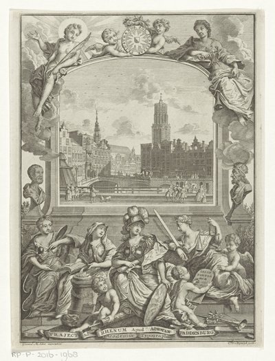 Bybilde med Domkirken i Utrecht og allegori med Minerva og dyder av François van Bleyswijck