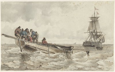Åtte menn i en robåt nær et seilskip av Frans Arnold Breuhaus de Groot