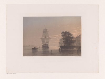 Seilskuter ved en kai ved solnedgang av Frans Arnold Breuhaus de Groot