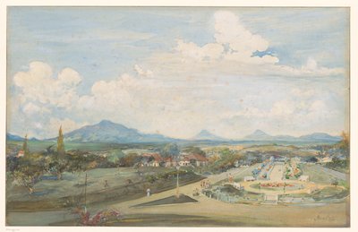 Tillemaplein i Semarang med vulkanene Sindoro og Soembing i bakgrunnen av Frans Bakker (signed by artist)
