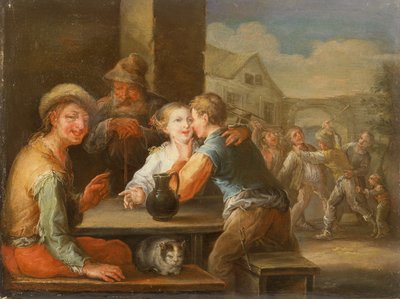En tigger som ler av et frierpar (olje) av Frans Christoph Janneck