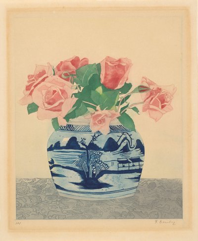 Rosa roser i en ingefærkrukke med kinesiske dekorasjoner av Frans Everbag (signed by artist)