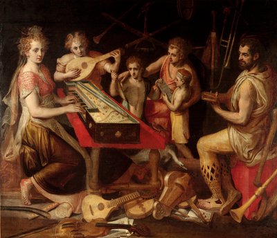 Music Characters vetus har den eldgamle omgivelsen av musikkinstrumenter som utgjør en allegori. Maleri av Frans Floris (1515-1570) 1500-tallets gener, privat samling av Frans Floris