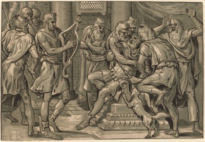 David spiller harpe før Saul av Frans Floris I