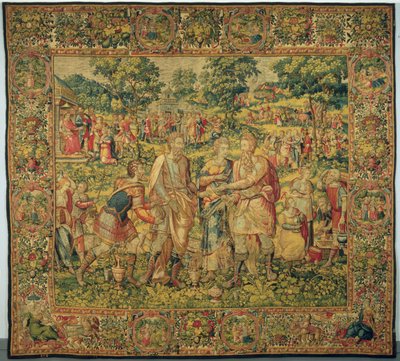 Kong Abimelech gjenoppretter Sara til mannen sin, Abraham, 1580 (vevteppe, ull og silke) av Frans Geubels