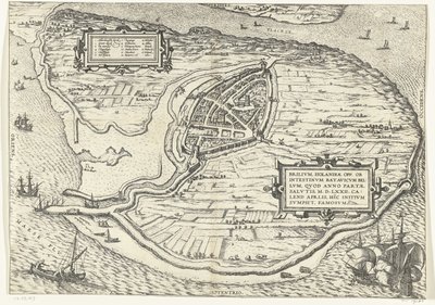 Kart over eiland Voorne en plattegrond av Brielle, 1572 Brillium, Holland opp. på grunn av den innbyrdes nederlandske krigen, som i året for seieren til Frelsen 72 e.Kr. i aprilvarmen begynte han her, berømt (tittel på objekt) av Frans Hogenberg