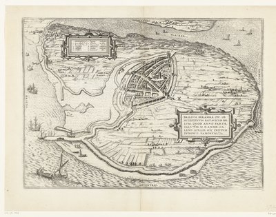 Kart over eiland Voorne en plattegrond av Brielle, 1572 Brillium, Holland opp. på grunn av den innbyrdes nederlandske krigen, som i året for seieren til Frelsen 72 e.Kr. i aprilvarmen begynte han her, berømt (tittel på objekt) av Frans Hogenberg