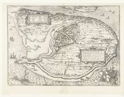 Kart over eiland Voorne en plattegrond av Brielle, 1572 Brillium, Holland opp. på grunn av den innbyrdes nederlandske krigen, som i året for seieren til Frelsen 72 e.Kr. i aprilvarmen begynte han her, berømt (tittel på objekt) av Frans Hogenberg