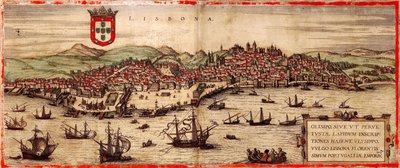Utsikt over Lisboa og elven Tejo Fra: Verdenskart, 1572 av Frans Hogenberg
