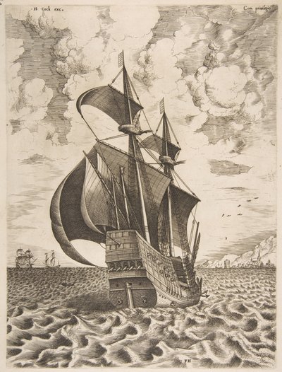 Bevæpnet firemaster seiler mot en havn fra seilfartøyene, 1561-65. av Frans Huys