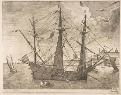 Bevæpnet tre-master ankret nær en by fra seilfartøyene, ca. 1555-56. av Frans Huys
