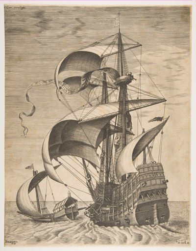Bevæpnet tremester på åpent hav akkompagnert av en bysse, fra serien Sailing Ves..., 1561-65. av Frans Huys
