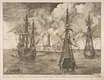 Fire-mester til venstre og to tre-mester forankret nær en befestet øy med et lys..., 1561-65. av Frans Huys