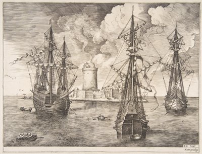 Fire-master og Two Three-masters ankret nær en befestet øy fra The Sailing Ves..., 1561-65. av Frans Huys