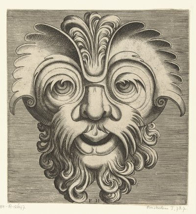 Maske med skjegg og bart med krøller, en dusk av krøller hviler på neseroten Pourtraicture ingenieuse de plusieurs facons de masques... (serietittel) av Frans Huys