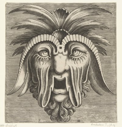 Maske med åpen, tannløs munn, hengende kinn og pust på hodet Pourtraicture ingenieuse de plusieurs facons de masques... (serietittel) av Frans Huys