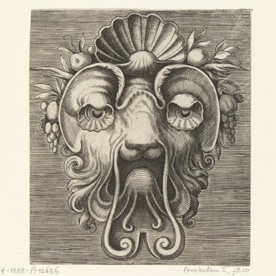 Maske med skjellformede øyne og et skall mellom fruktklaser på pannen Pourtraicture ingenieuse de plusieurs facons de masques... (serietittel) av Frans Huys