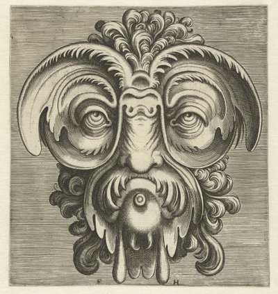 Maske med tallerkener rundt øynene og en dusk krøller på hodet Pourtraicture ingenieuse de plusieurs facons de masques... (serietittel) av Frans Huys