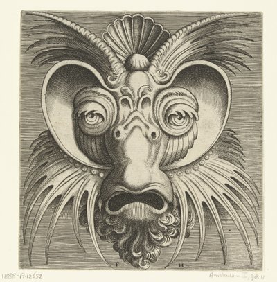 Maske med tallerkener rundt øynene og spisse topper på kinnene og pannen Pourtraicture ingenieuse de plusieurs facons de masques... (serietittel) av Frans Huys