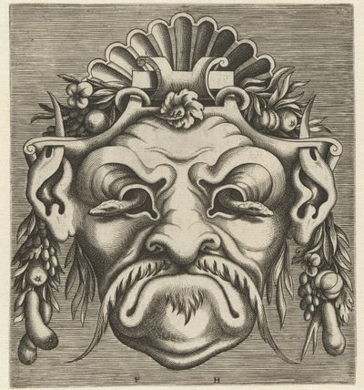 Maske med to slanger som ser ut av øyehulene Pourtraicture ingenieuse de plusieurs facons de masques... (serietittel) av Frans Huys