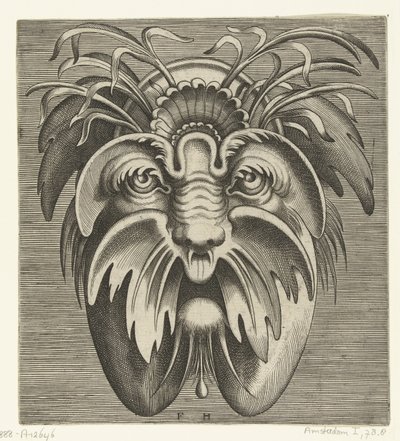 Maske med slappe kinn og bart, det er gress i håret Pourtraicture ingenieuse de plusieurs facons de masques... (serietittel) av Frans Huys