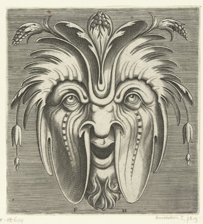 Maske med slappe kinn og bærklaser i håret Pourtraicture ingenieuse de plusieurs facons de masques... (serietittel) av Frans Huys